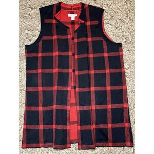 CJ Banks Cardigan Sweater‎ Womens 1X Red Black Plaid Open Front 100% Acrylic